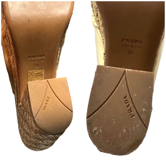 PRADA CREAM PATENT LEATHER WEDGE WOVEN RAFFIA PLATFORM SANDAL - Picture 13 of 16
